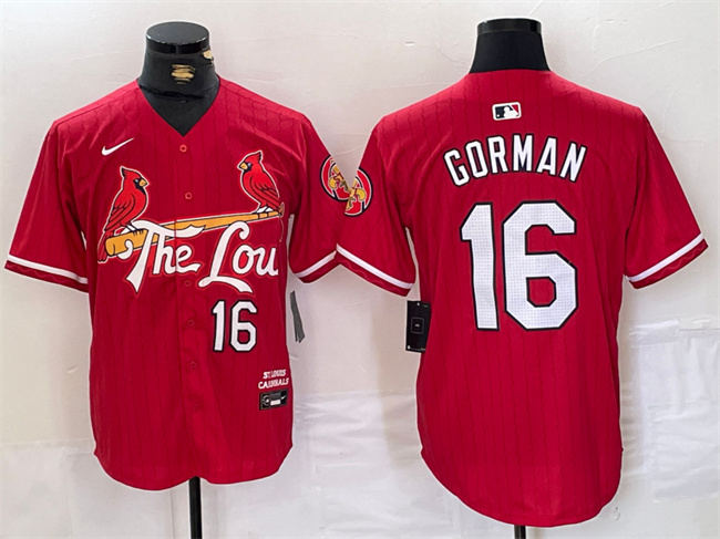 Men's St. Louis Cardinals #16 Nolan Gorman Red 2024 City Connect Stitched Baseball Jersey